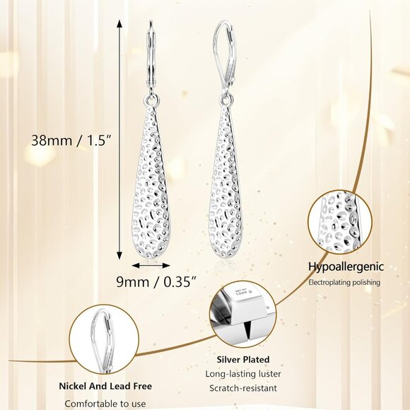 Women's 925 Sterling Silver Teardrop Dangle Leverback Hypoallergenic Earrings - Picture 4 of 7